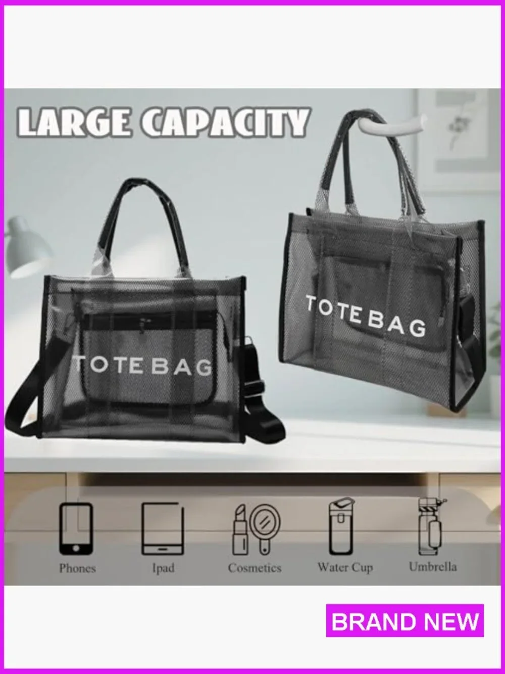 Clear Tote Bag for Women Large Mesh Beach PVC Crossbody Stadium Travel Sports